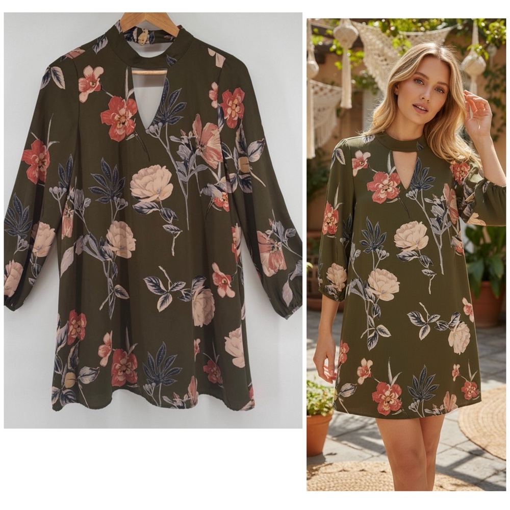 Peach Love Bohemian Flowy Floral Green Women's long sleeve Dress Size Small